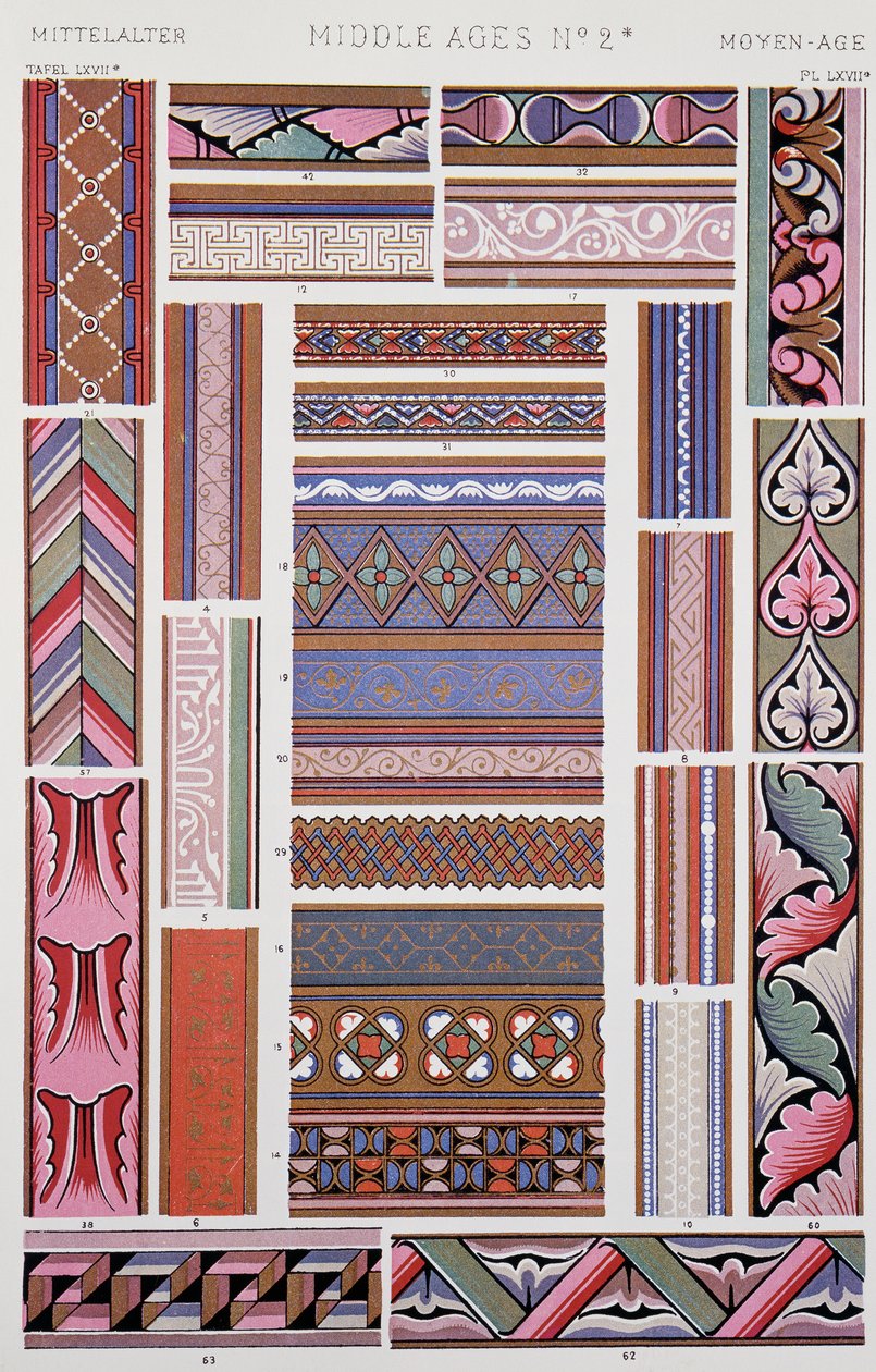 Decoração em estilo medieval, Placa LXVII da Gramática de Ornamento, de Owen Jones (1809-1874), Londres de Owen Jones