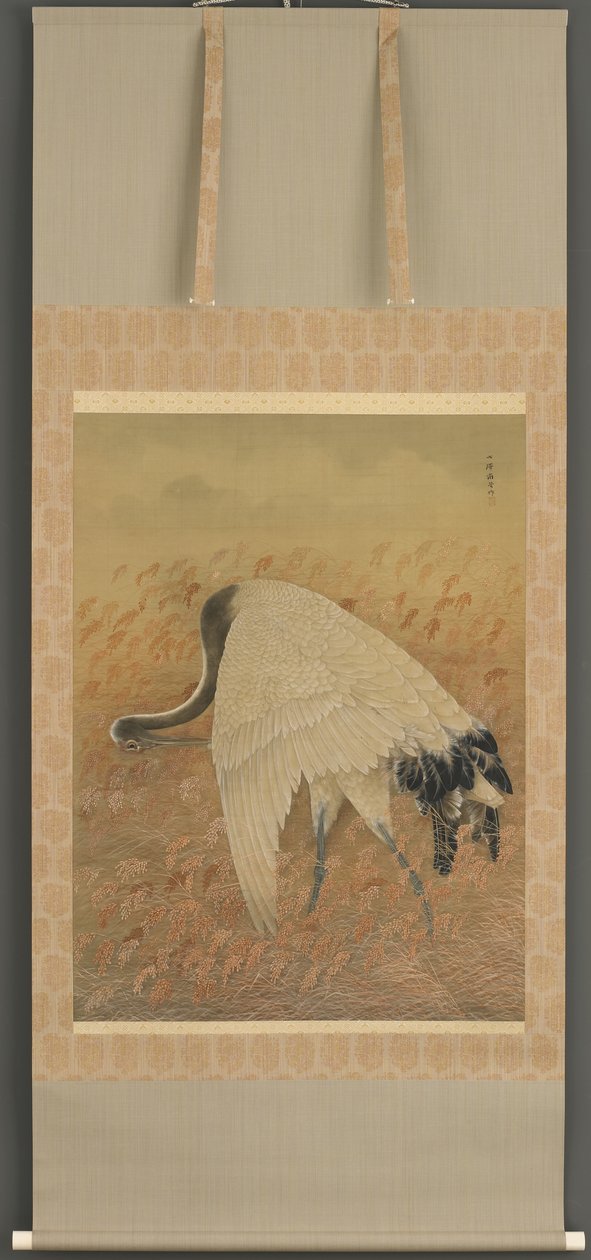 Um guindaste, era Meiji, final do século 19 (tinta e cor na seda) de Ozawa Nankoku