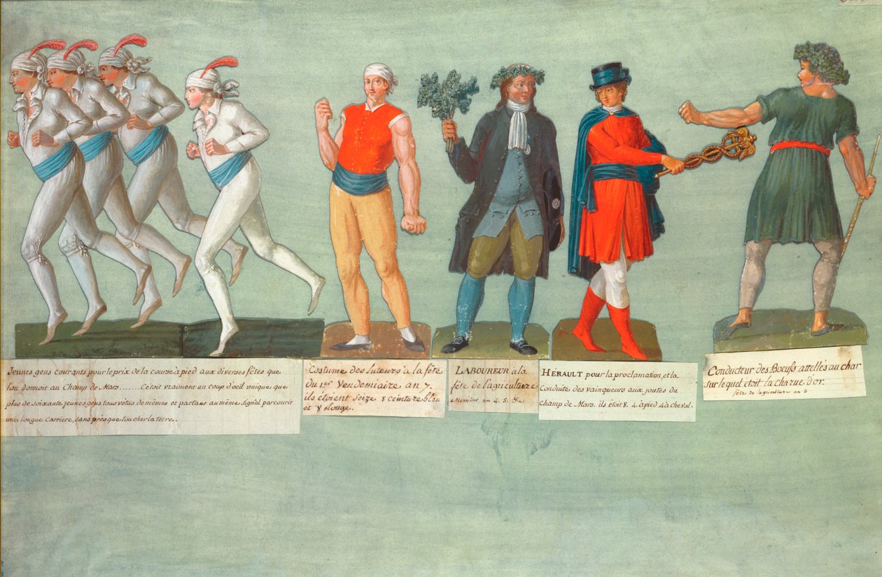 Atletas e participantes de festivais durante o período revolucionário francês (guache) de P. A. and J.B. Lesueur