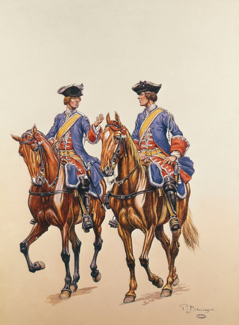 Vice-Sargento e Arqueiro da Polícia Montada do Ile de France, c.1750 (wc no papel) de P. Benigni