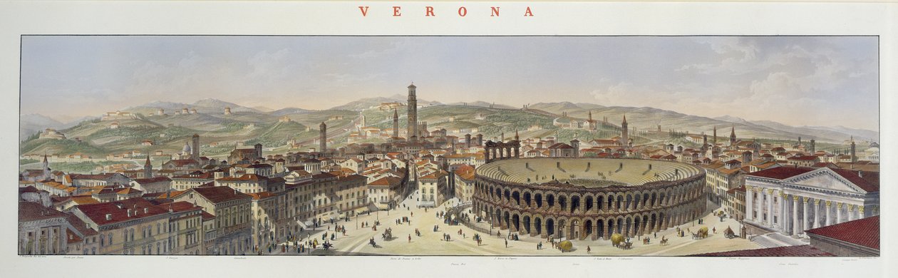 Vista de Verona, gravada por L. Cherbuin (gravura a cores) (ver 130088) de P. Majocchi