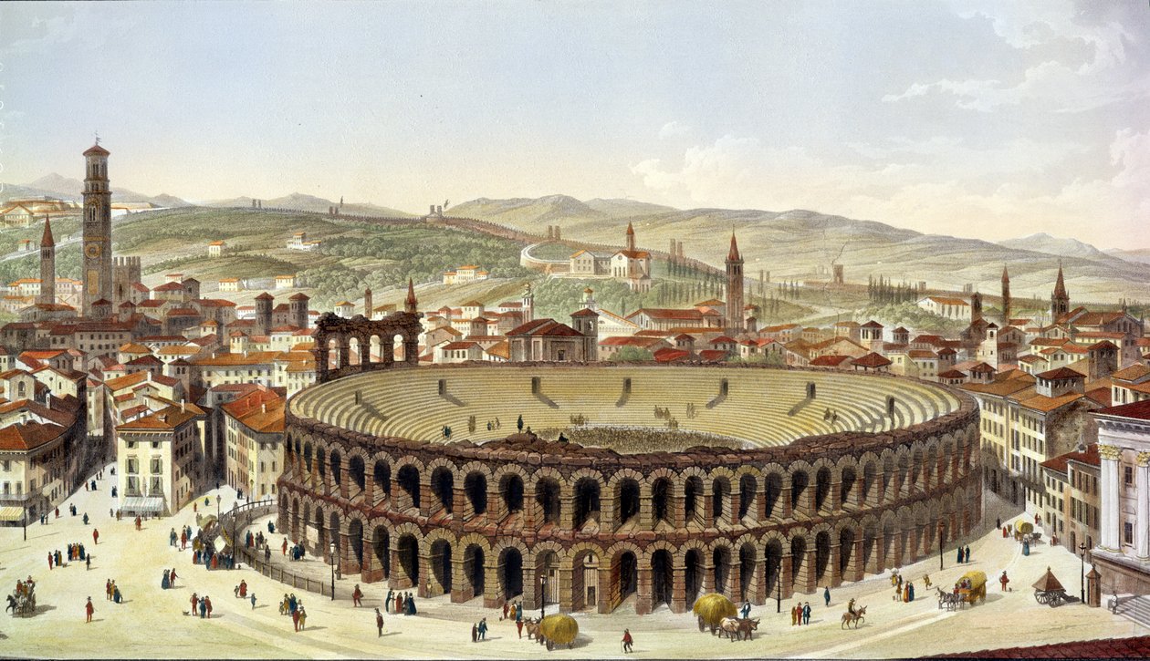 Vista do Anfiteatro Romano, Verona, gravado por L. Cherbuin (cor gravura) (detalhe fo 130087) de P. Majocchi