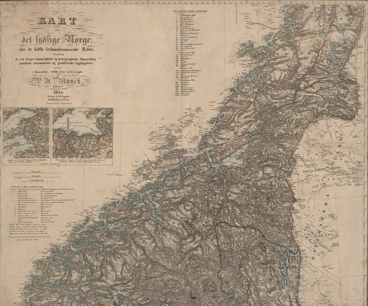 O mapa é publicado em Oslo (1845) e mostra o sul da Noruega de P.A. Munch