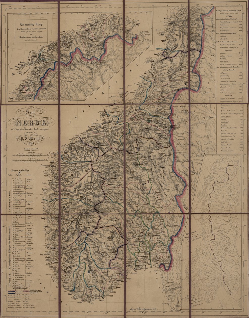 O mapa é publicado em Christiania (1845) e mostra a Noruega de P.A. Munch