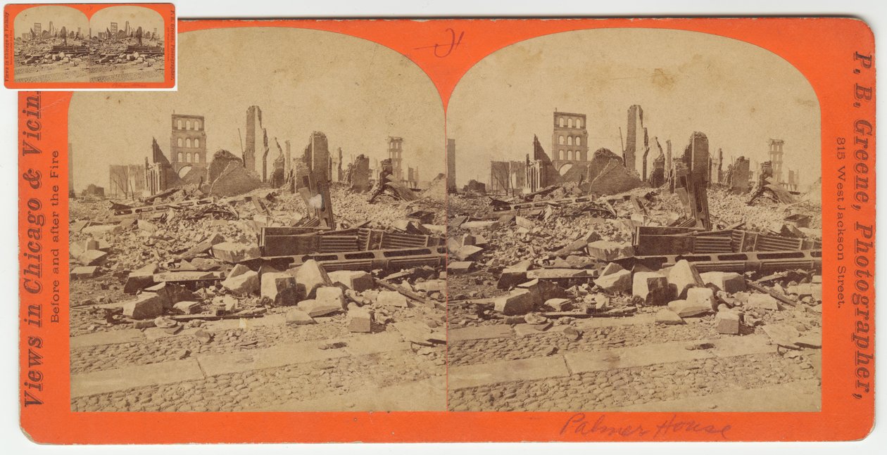 Estereógrafo da Casa Palmer após o incêndio de Chicago de 1871, 1871 (foto bw na montagem do cartão) de P.B. Greene
