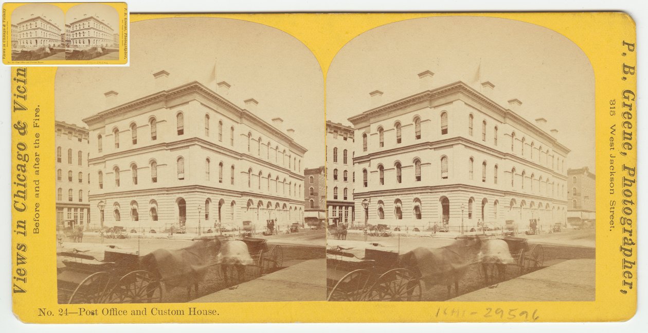 Estereografia dos Correios e Custom House antes do Incêndio de Chicago de 1871, 1871 (foto bw na montagem do cartão) de P.B. Greene