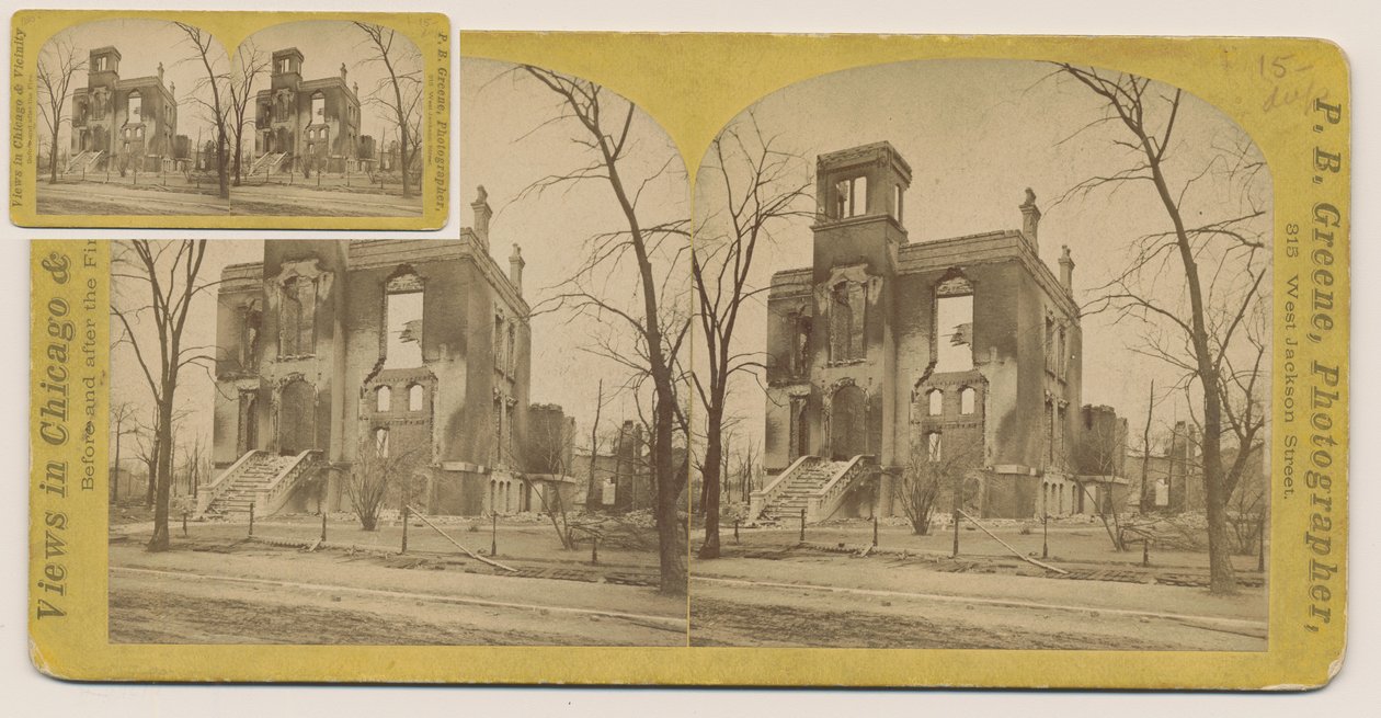 Estereógrafo da Casa Rumsey após o incêndio de Chicago de 1871, 1871 (foto bw na montagem do cartão) de P.B. Greene
