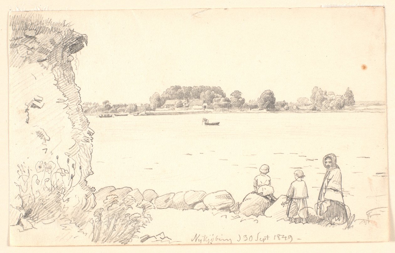 Uma senhora e duas crianças em Guldborgsund. Nykøbing Falster. de P.C. Skovgaard