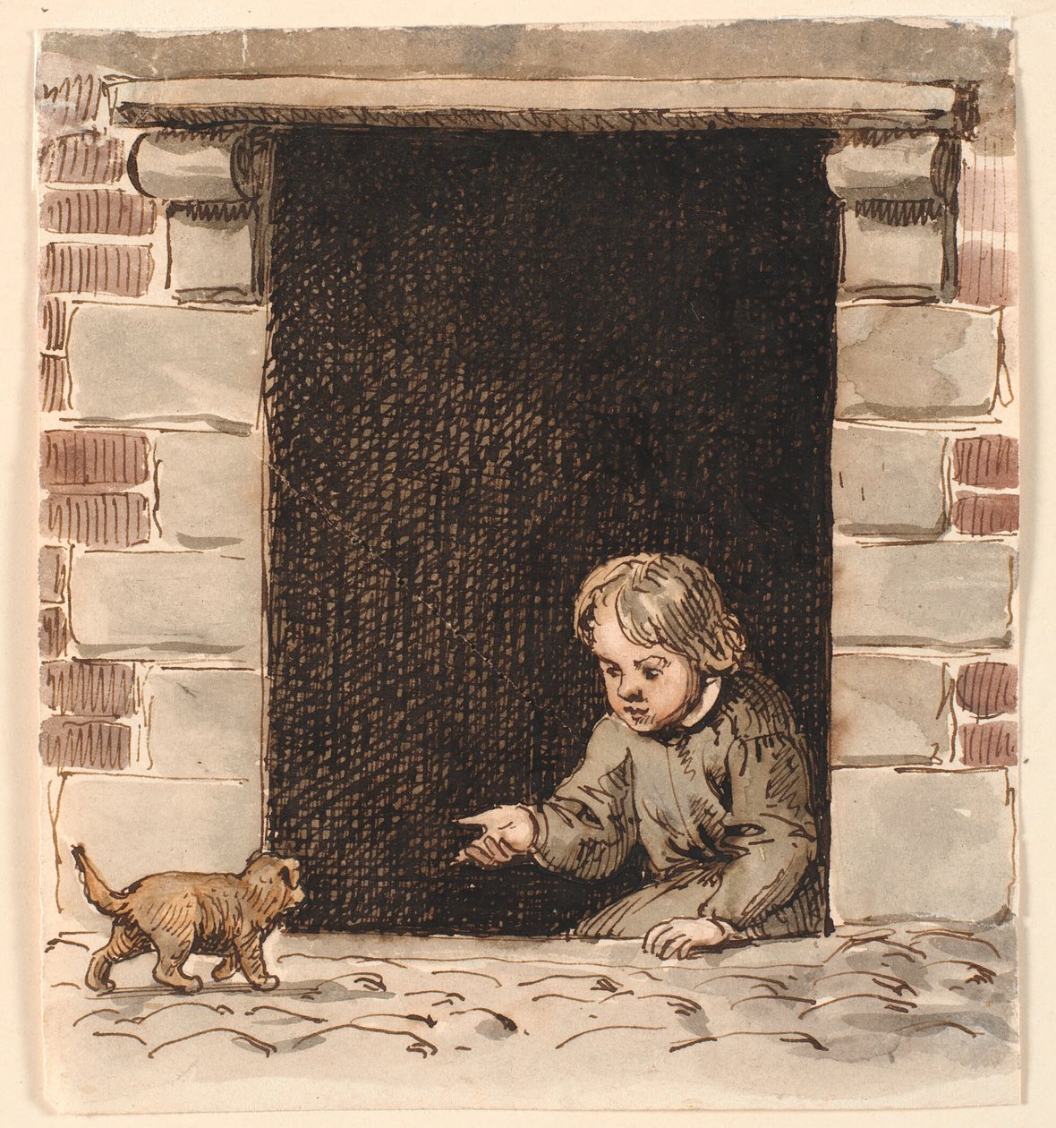 Um menino sentado na porta do porão acena para um cachorrinho. de P.C. Skovgaard
