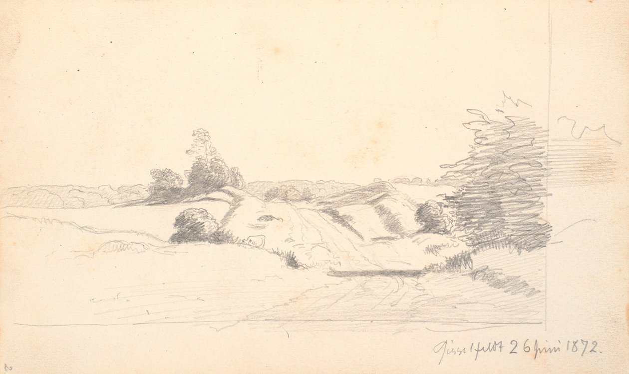 Uma estrada de campo com alguns arbustos em primeiro plano. Ao fundo uma borda de floresta de P.C. Skovgaard