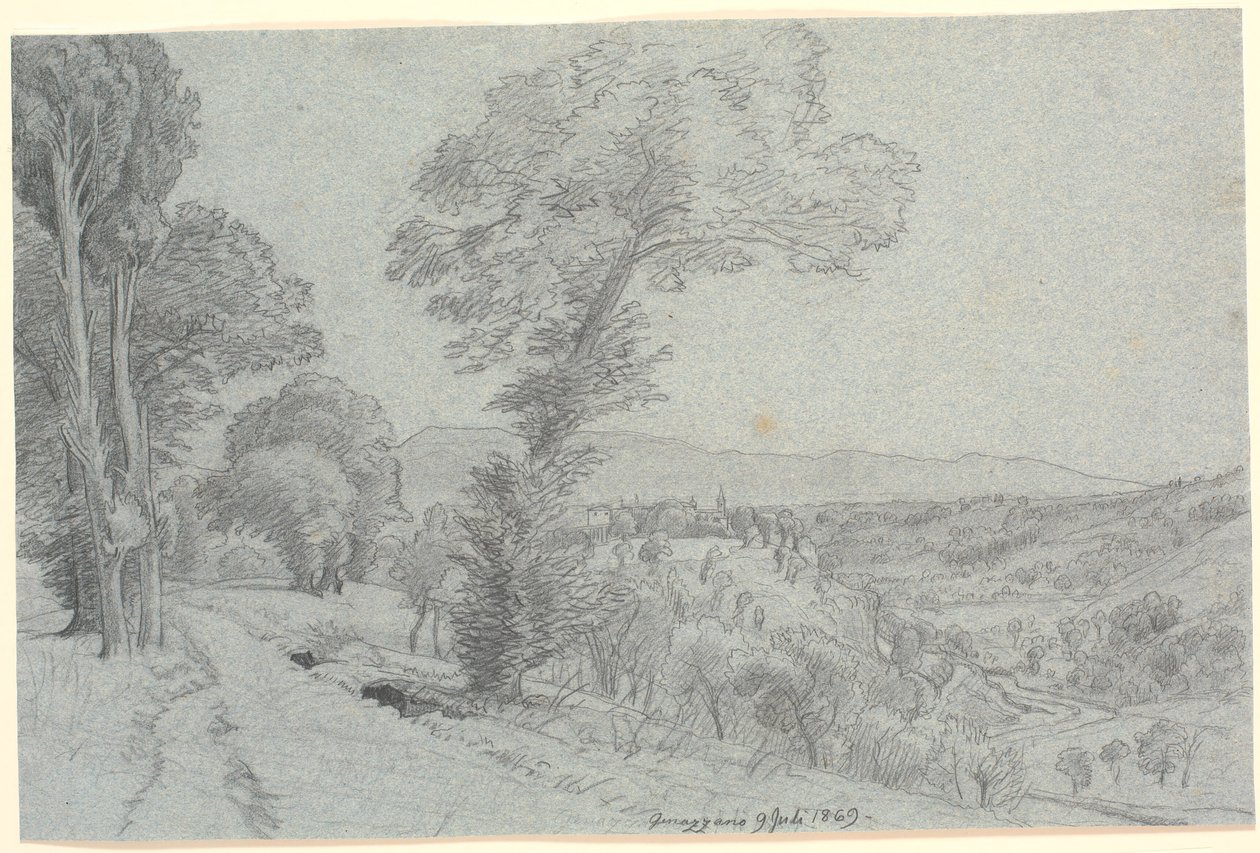 Paisagem montanhosa italiana com vista para "Genazzano 9 de julho de 1869". de P.C. Skovgaard