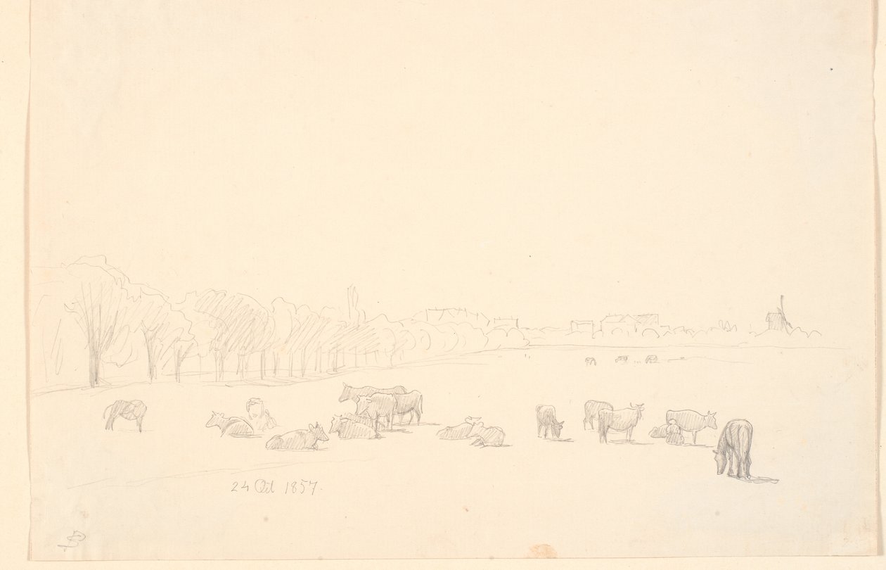 Vacas no campo, ao fundo Tagens Mølle de P.C. Skovgaard