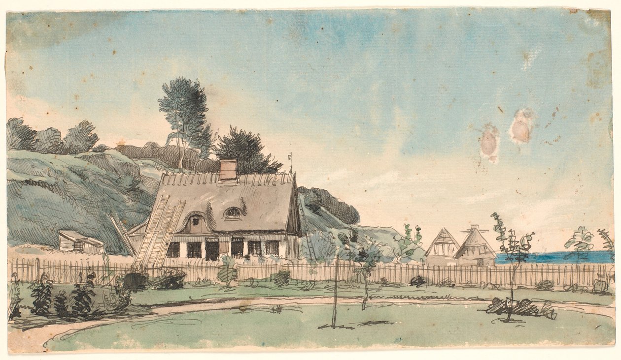 Paisagem costeira com casas de palha. de P.C. Skovgaard