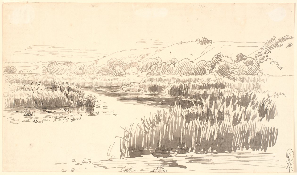 Paisagem com um riacho ao longo de cuja largura crescem juncos altos. Colinas ao fundo. Provavelmente Vejle de P.C. Skovgaard
