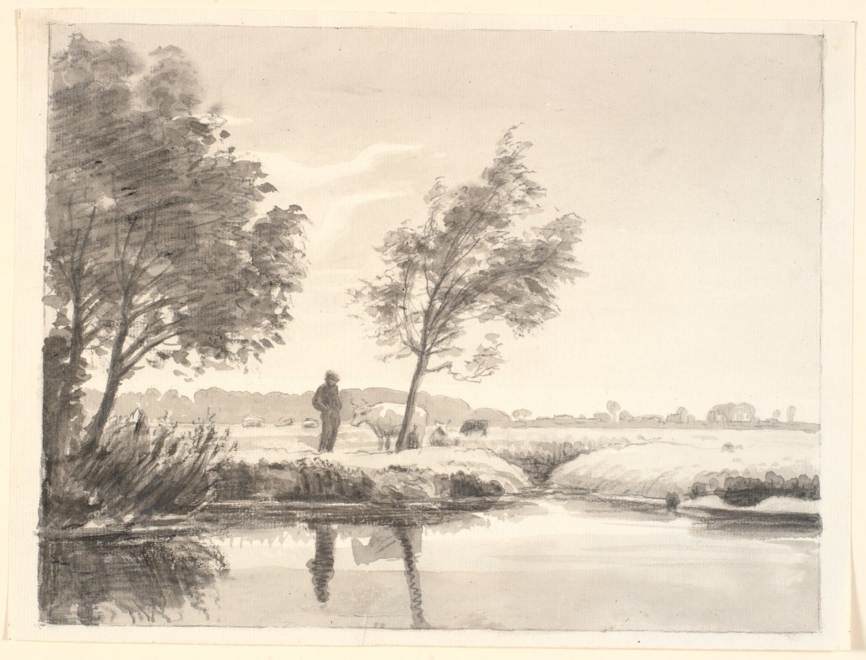 Paisagem com campos, árvores, vacas e um agricultor refletido na água em primeiro plano de P.C. Skovgaard