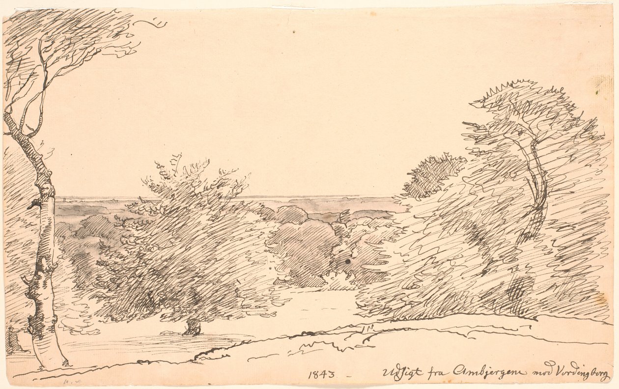 Paisagem com árvores e ampla vista do Ambjergene para Vordingborg. de P.C. Skovgaard