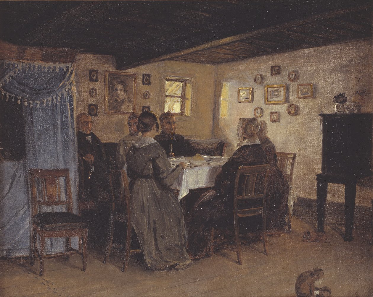 Os amigos e familiares do artista sentados em volta de uma mesa. Vejby, Norte da Zelândia de P.C. Skovgaard