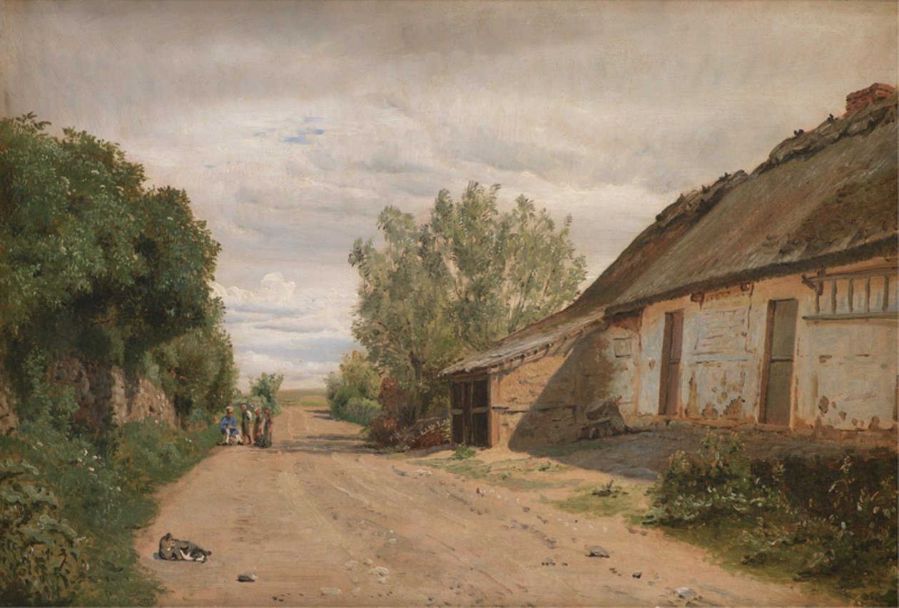 Os arredores da vila de Vejby. À beira da estrada o pintor J.Th. Esboço de Lundbye de P.C. Skovgaard