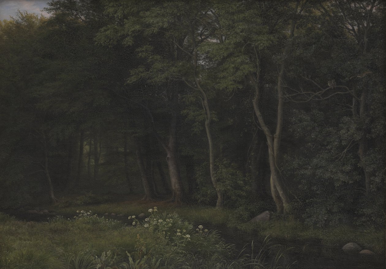 Crepúsculo em uma floresta perto de Iselingen Manor, Zelândia de P.C. Skovgaard