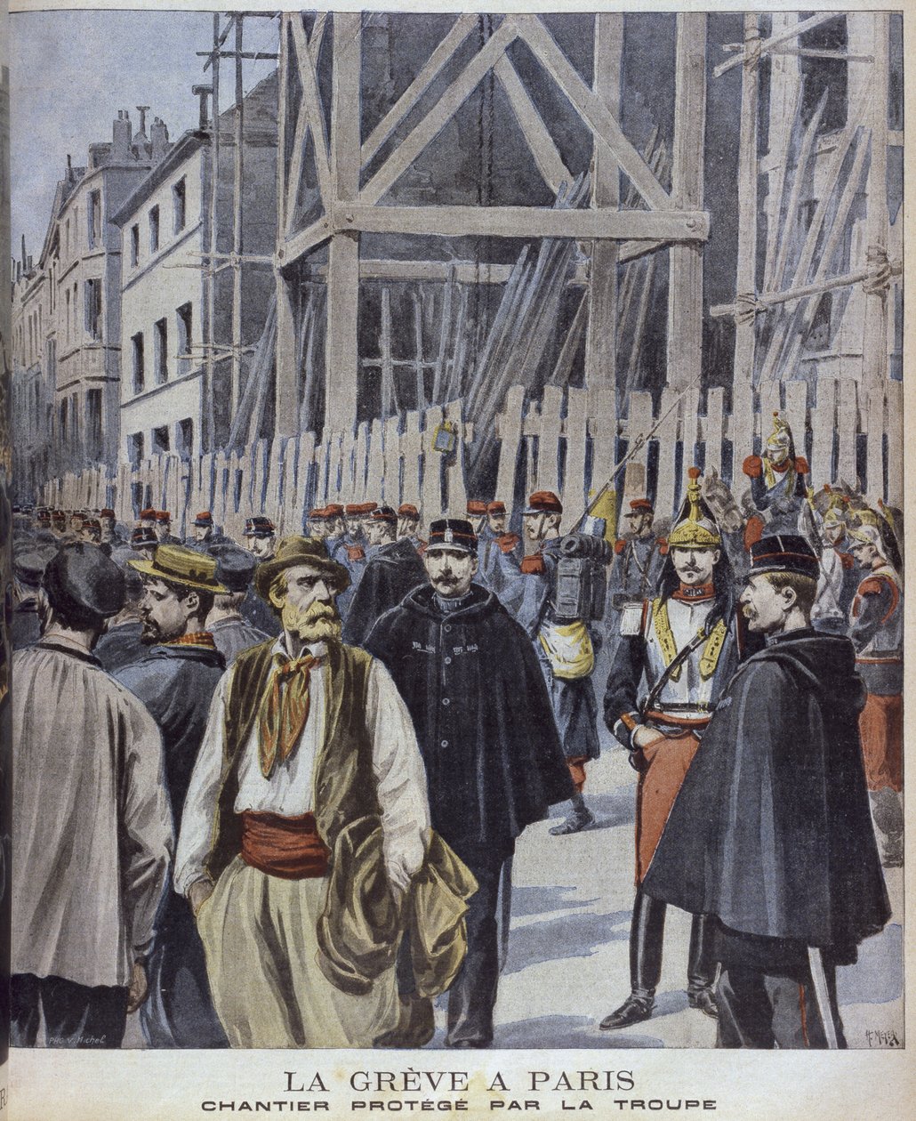 Greve em Paris, local de construção protegido pelo exército, ilustração de &39;Le Petit Journal&39; Supplement illustre, 23 de outubro de 1898, gravado por Henri Meyer (1844-91) de P.H.G.V. Michel
