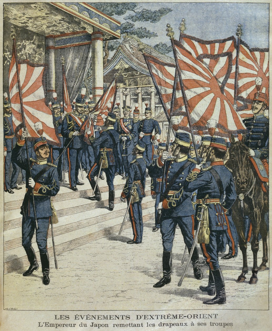 Sua Majestade Imperial Mutsuhito, Imperador do Japão, dando as bandeiras a suas tropas, ilustração de &39;Le Petit Journal: Suplemento Ilustre&39;, 6 de março de 1904 de P.H.G.V. Michel
