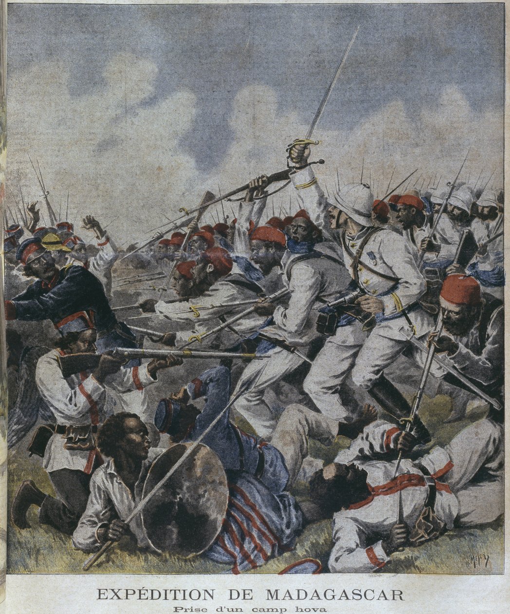 Expedição de Madagascar, tomada de um acampamento de hova, ilustração de &39;Le Petit Journal&39;, suplemento illustre, 2 de junho de 1895, gravado por Henri Meyer (1844-91) de P.H.G.V. Michel