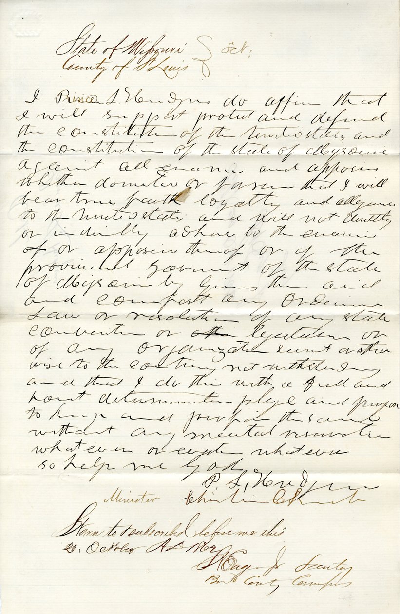 Jura juramento de lealdade ao Governo dos Estados Unidos e ao Estado do Missouri de P.L. Hudgens