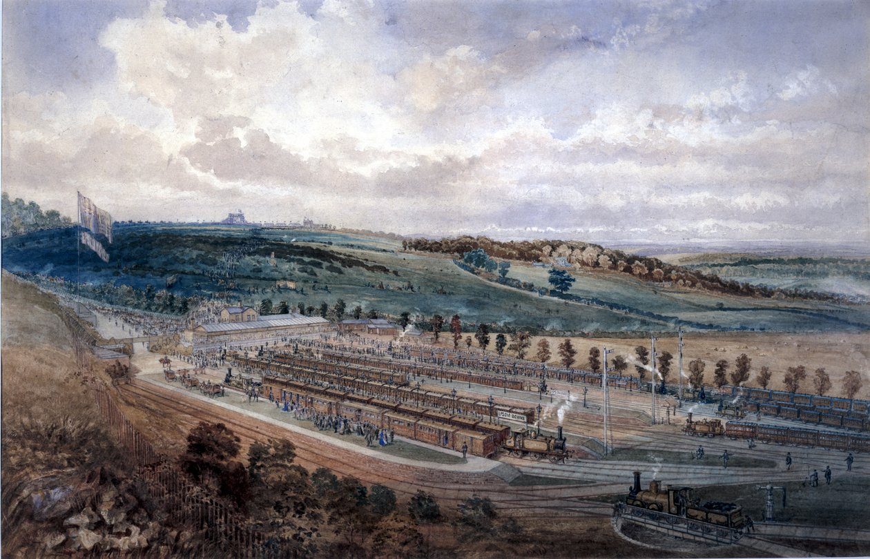 Estação Epsom no dia de Derby, 1878 (wc no papel) de P.R. Perry