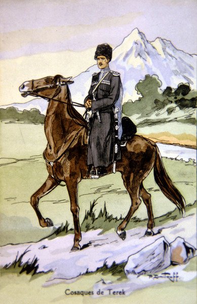 Cartão postal retratando um Terek Cossack, c.1914 (cor litho) de P. (after) Dmitroff