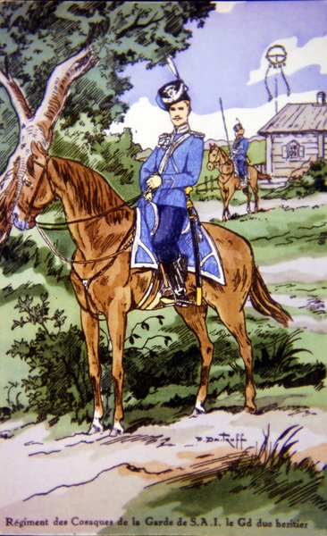 Cartão postal representando um cavaleiro do Regiment des Cosaques de la Garde de S.A.I de P. (after) Dmitroff