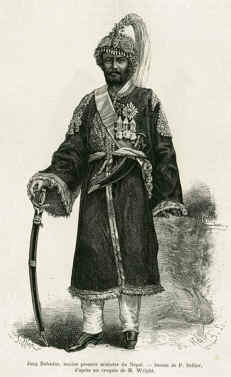 Jang Bahadur (1816-1877), Primeiro-Ministro do Nepal. Gravura de P.Sellier para ilustrar a história Voyage au Nepal, do Dr. Gustave Le Bon (1841-1931), em le tour du monde 1886, dirigido por Edouard Charton (1807-1890), Hachette, Paris. de P. (after) Sellier
