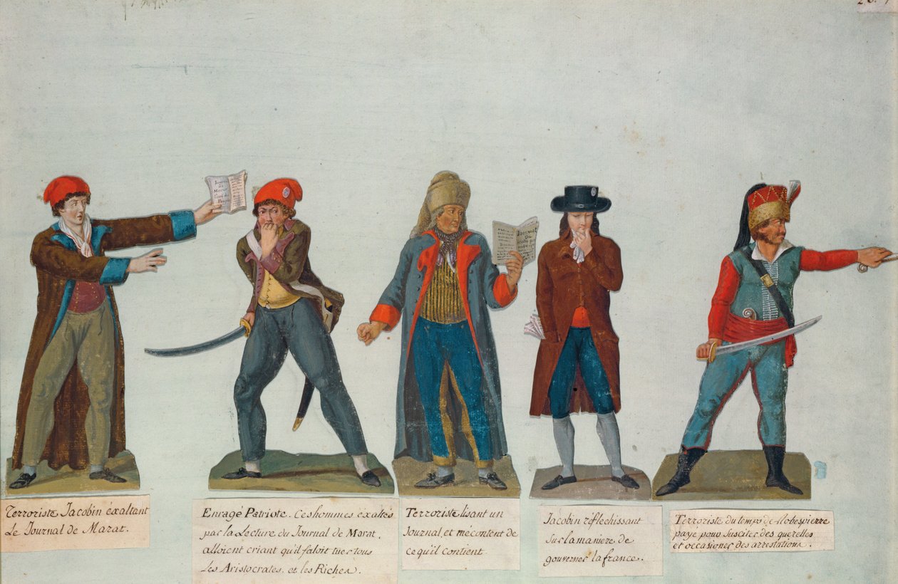 Jacobinos e terroristas no período do Reino do Terror (1793-4) durante a Revolução Francesa (guache) de P. A. and J.B. Lesueur