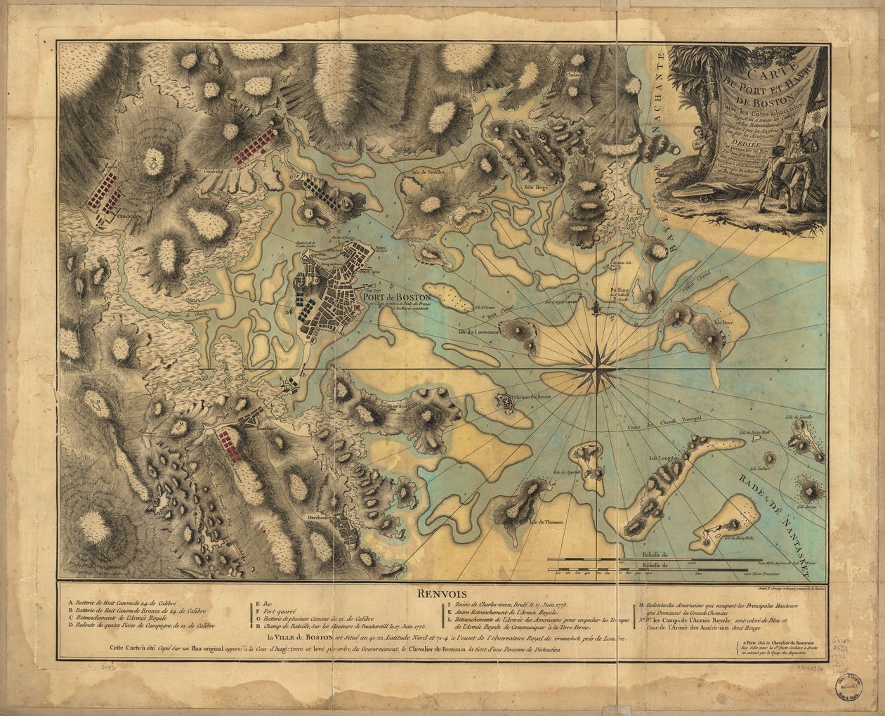 22,000. Colorido à mão. Alívio mostrado por hachuras. Profundidades mostradas por sondagens. Cette carte à été copié sur un plan original apporté à la cour d