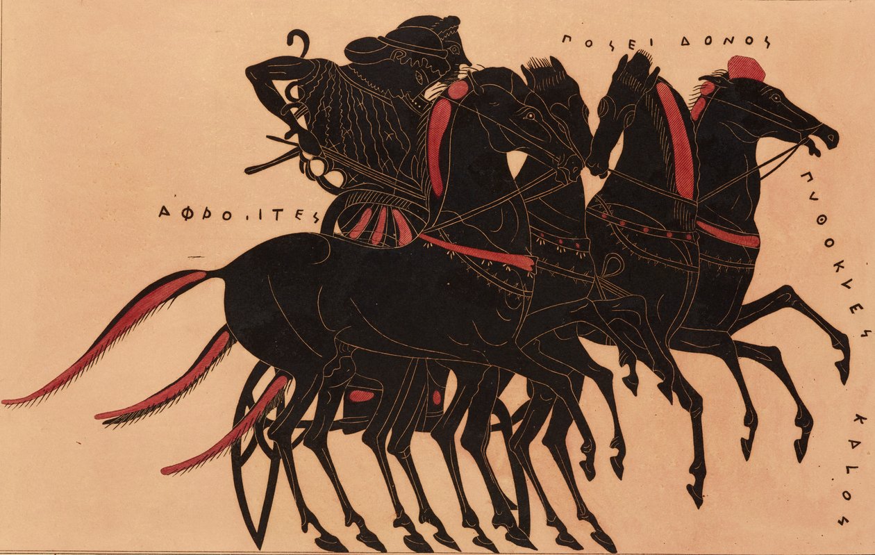 Impressão da decoração em uma ânfora grega, mostrando Afrodite dirigindo Poseidon em uma carruagem, c1858. de P Bineteau