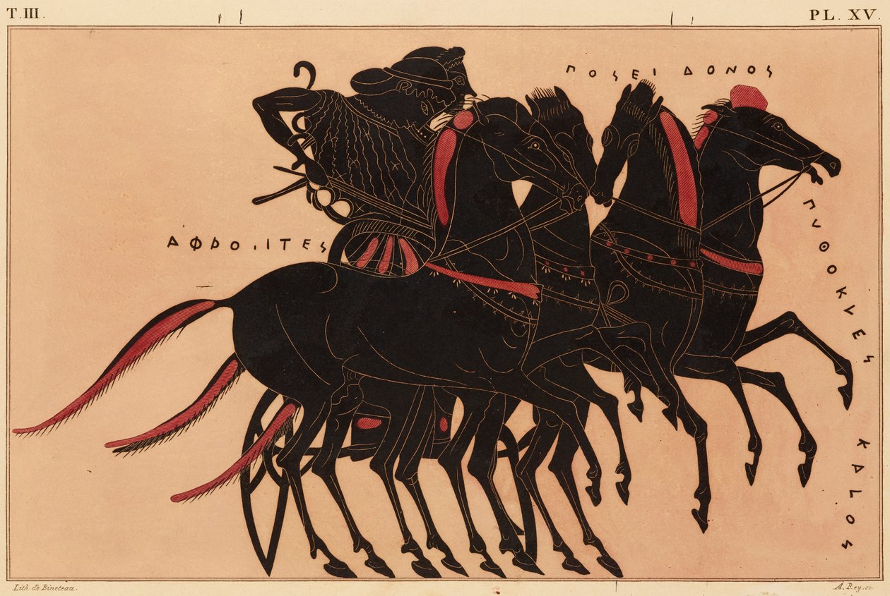 Impressão da Decoração em uma Ânfora Grega, mostrando Afrodite dirigindo Poseidon em uma Carruagem, c. 1858 (aquarela e cor de corpo sobre litografia em papel trançado) de P. Bineteau