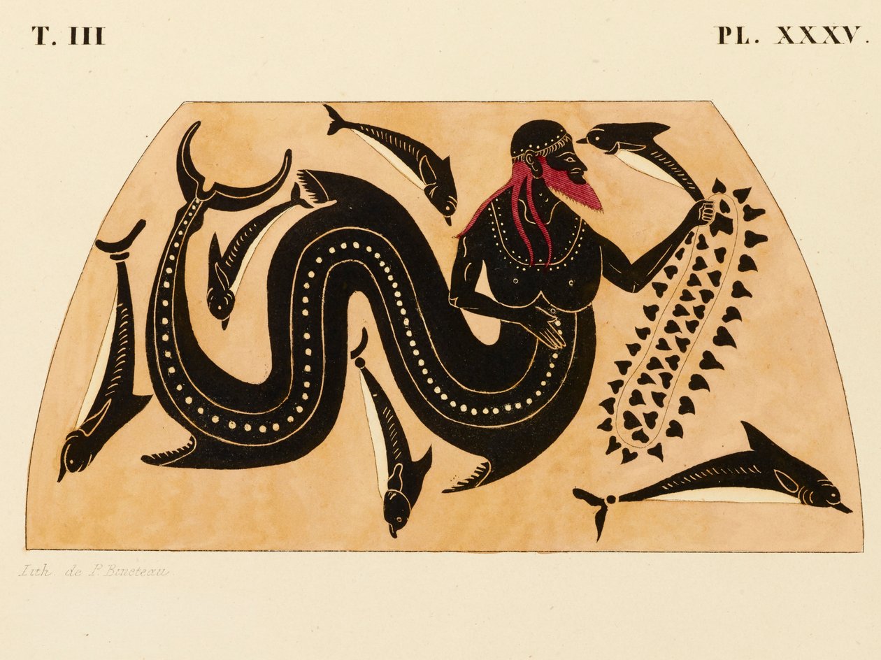 Impressão da Decoração numa Ânfora Grega, mostrando Poseidon acompanhado por Golfinhos, c. 1858 (aguarela e cor de corpo sobre litho em papel tecido) de P. Bineteau