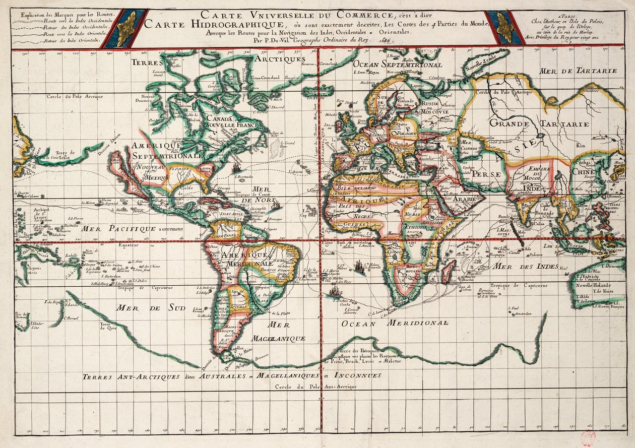 Carta que traça as rotas de França e Espanha, das viagens de ida e volta para as Índias Ocidentais e Índias Orientais, com ramos para diferentes destinos de P. Du Val