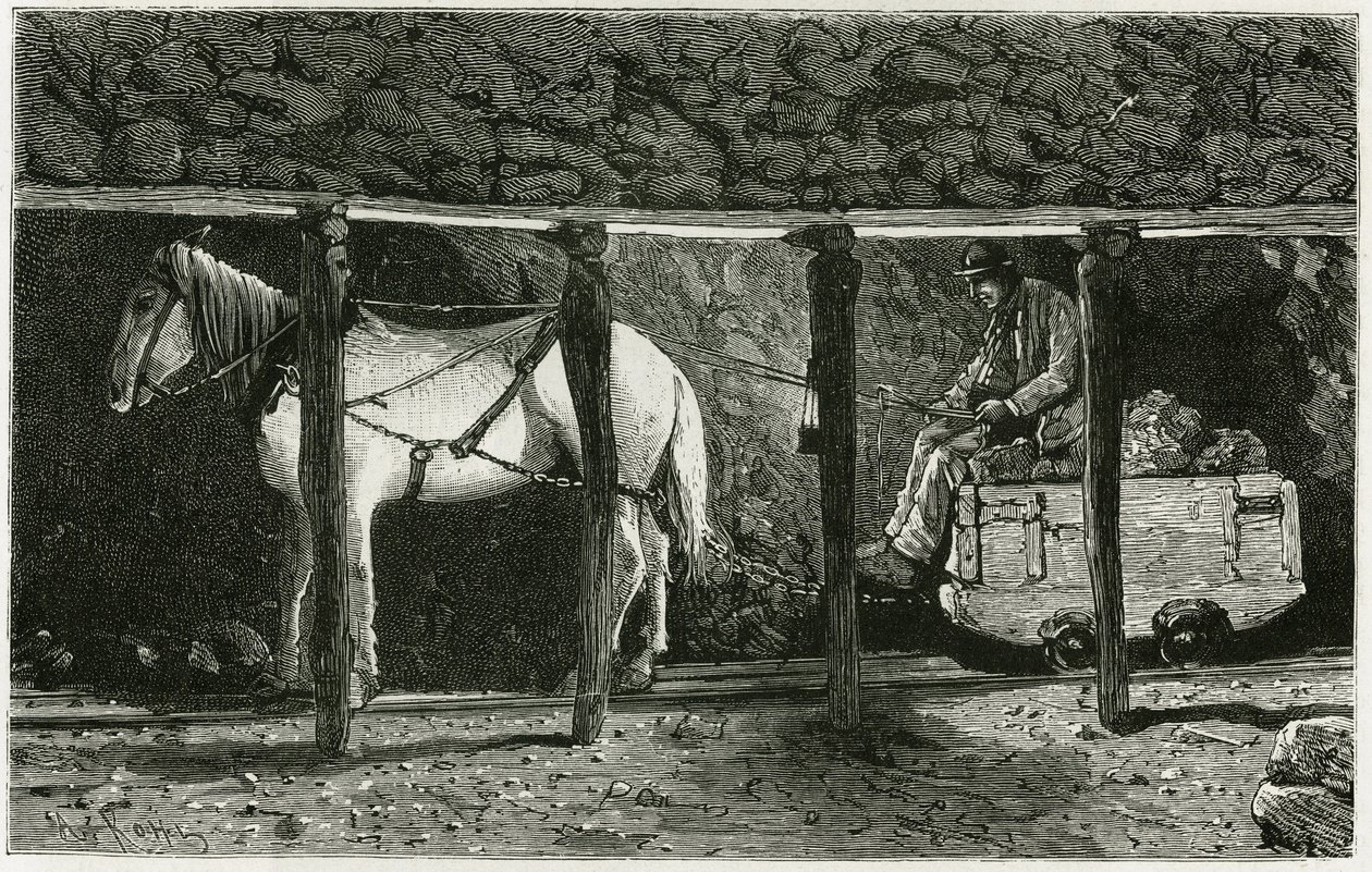 Interior de uma galeria com berlaine. Gravura de Ferat, para ilustrar a história "Bélgica", de Camille Lemonnier (1844-1913) escritor belga. Publicado em Le Tour du monde, nouveau journal des voyages, 2º semestre de 1884, editado por Edouard Charton (1807- de P. Ferat