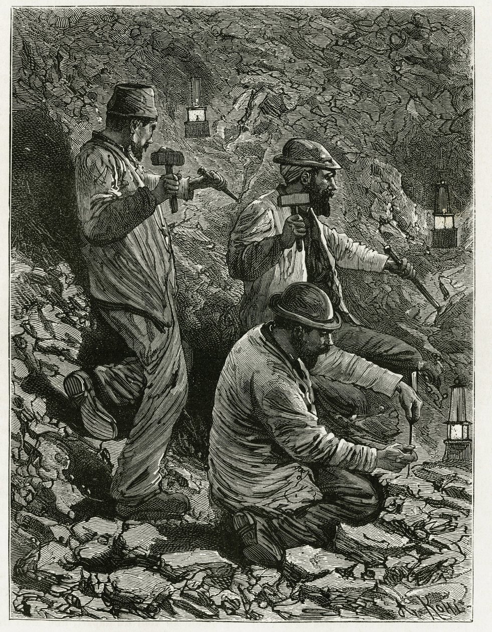 Mineiros a extrair carvão para a veia. Gravura de Ferat, para ilustrar a história "Bélgica", de Camille Lemonnier (1844-1913) escritor belga. Publicado em Le Tour du monde, nouveau journal des voyages, 2º semestre de 1884, editado por Edouard Charton (1807 de P. Ferat