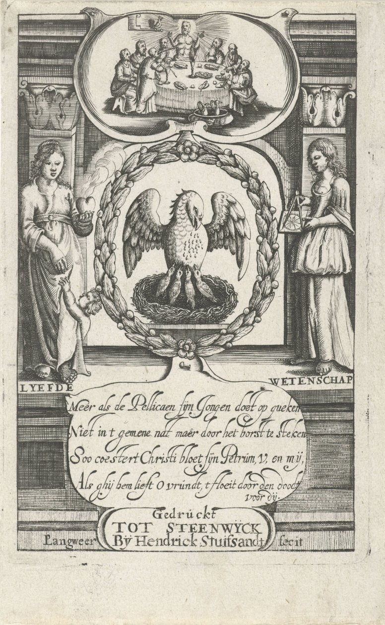 Pelicano alimentando as suas crias com o seu próprio sangue
Página de título para: D. van Baardt, Tapytje der geestelilijcke ende wereldtlijcke heerscherschage, 1661 de P. Langweer