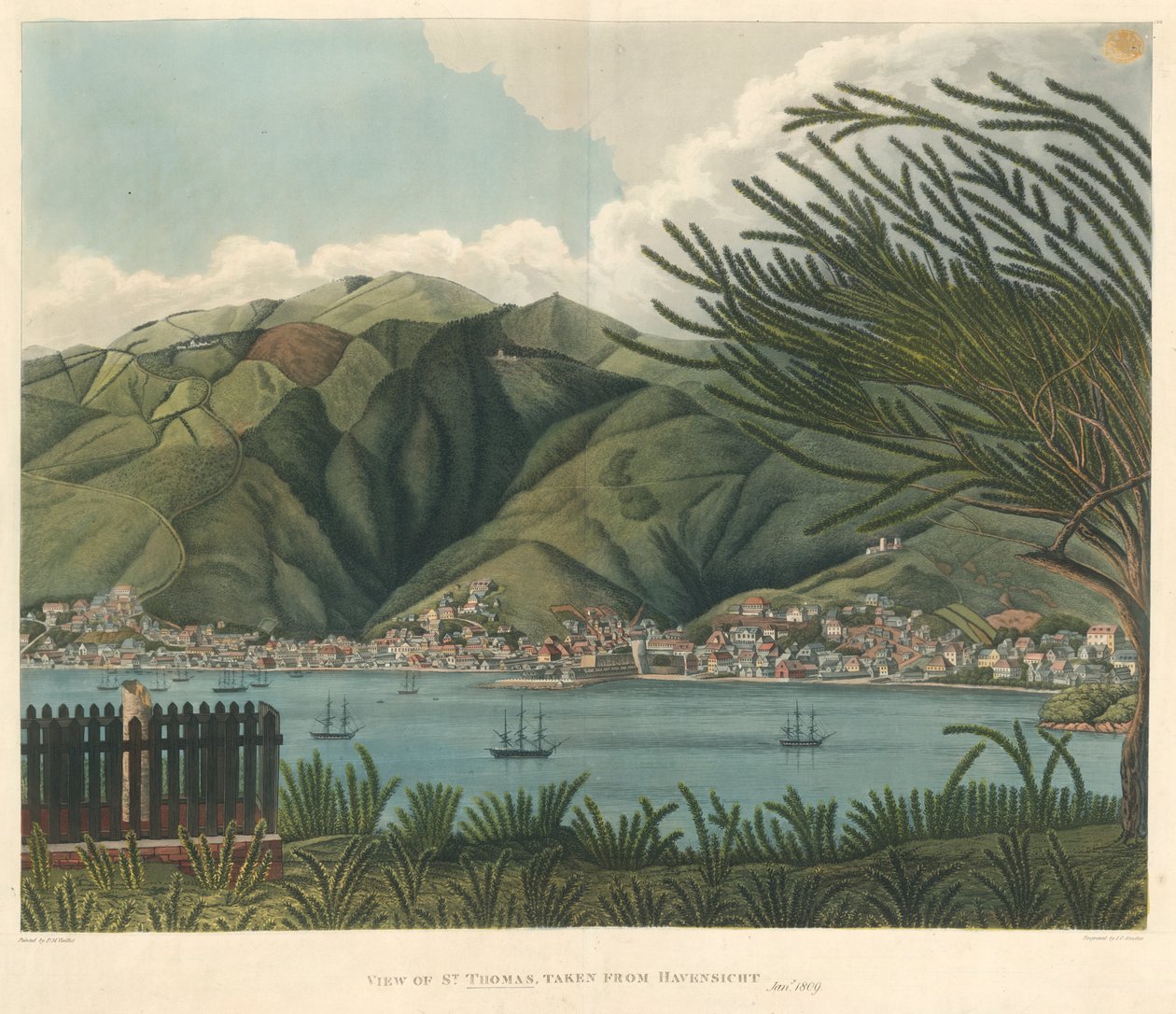 Vista de St. Thomas, tirada de Havensicht, 18 de Janeiro, litografia de Joseph Constantine Stadler (fl.1780-1812) de P. M. (after) Vieillot