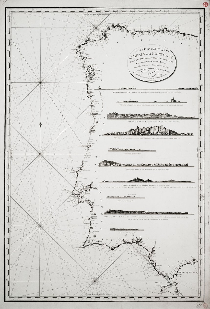 Carta das costas de Espanha e Portugal, desde o Cabo das Pinas até ao Estreito de Gibraltar, construída e cuidadosamente traçada a partir das mais recentes observações feitas pelos oficiais das marinhas francesa e espanhola de P. Steel