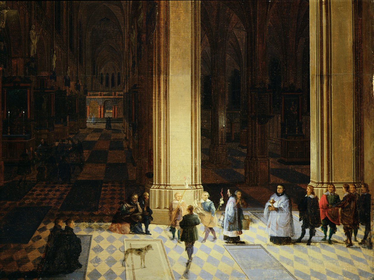 Interior da Catedral de Antuérpia à noite, meados do século XVII (óleo sobre painel) de P. the Elder & P. the Younger (1620 75) Neeffs
