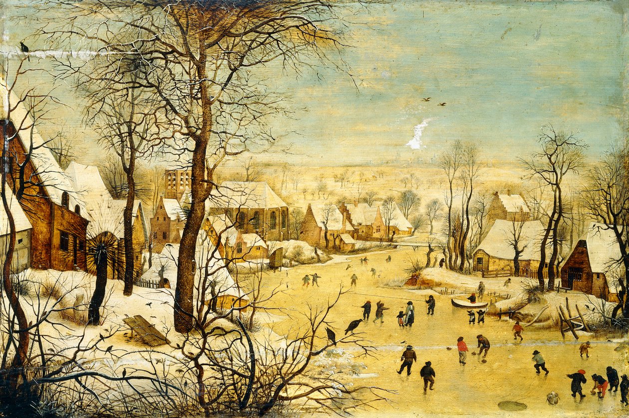 Uma vila no inverno com armadilha para pássaros e skatistas em uma hidrovia congelada, de P. the Younger Brueghel
