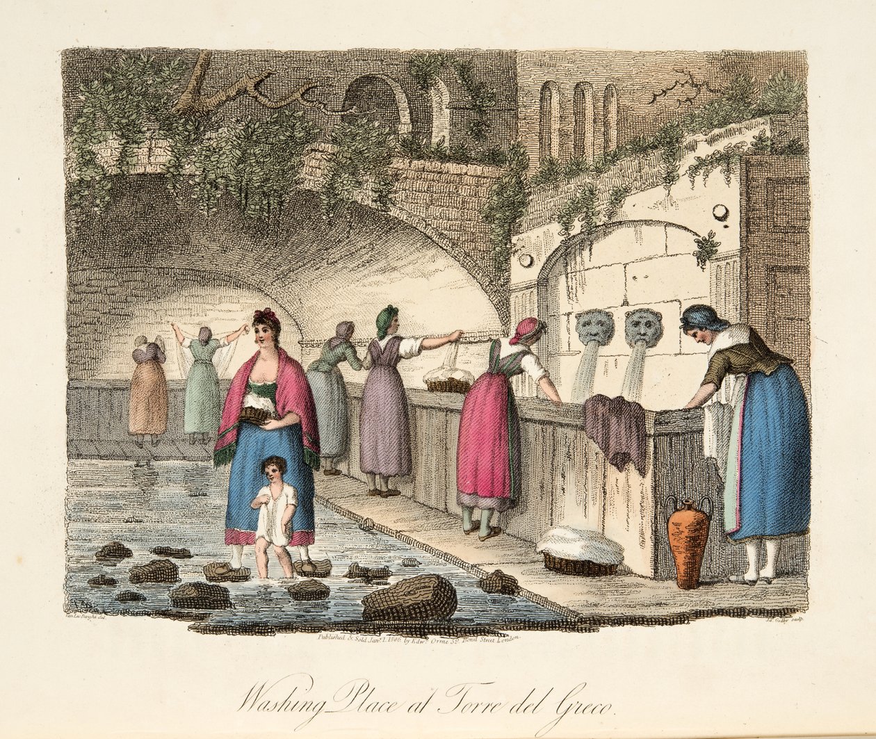 Local de Lavagem na Torre del Greco, de Cenário Italiano, representando os modos, costumes e diversões dos diferentes estados da Itália, pub. 1806 (gravura colorida à mão) de P. van (after) Lerberghi