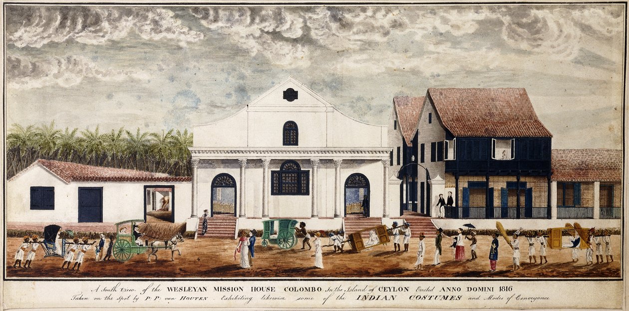 Uma vista sul da casa da missão Wesleyana, Colombo, na ilha do Ceilão, erguida Anno Domini 1816, c.1816 (aquarela) de P. van Houten