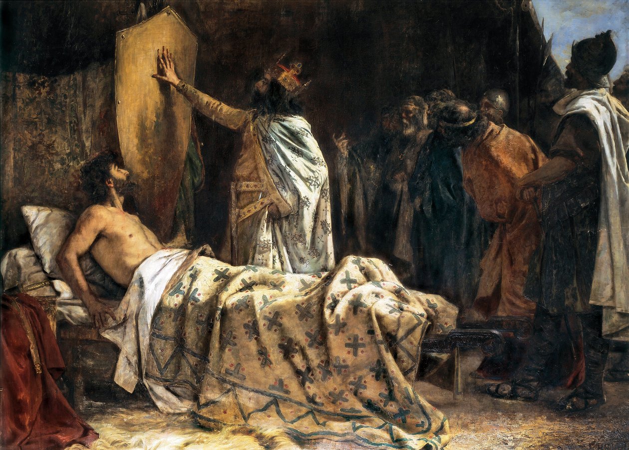 Morte do Conde Wilfred, o Peludo (840-897), final do século 19 - início do século 20 (óleo sobre tela) de Pablo Antonio Béjar Novella