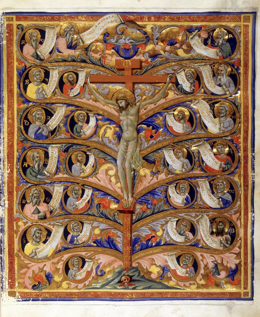 Árvore da Vida, ou Árvore da Cruz, ilustração da Bíblia em Latim Trivulziana, c.1335-40 (têmpera, folha de ouro e tinta em pergaminho) de Pacino di Bonaguida