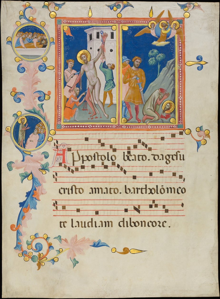 Folha do manuscrito com o martírio de São Bartolomeu, de um Laudario, ca. 1340 de Pacino di Bonaguida