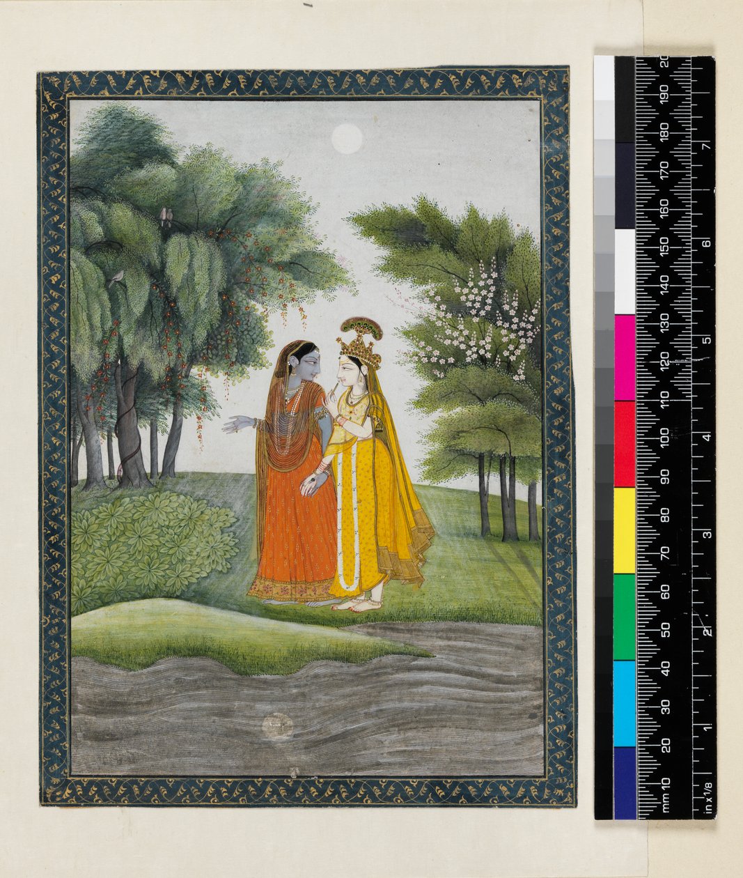 Krishna e Radha andando pelo Jumna ao luar trocaram de roupa, do &39;Bhagavata purana&39;, Kangra, Himachal Pradesh, c.1820 de Pahari School